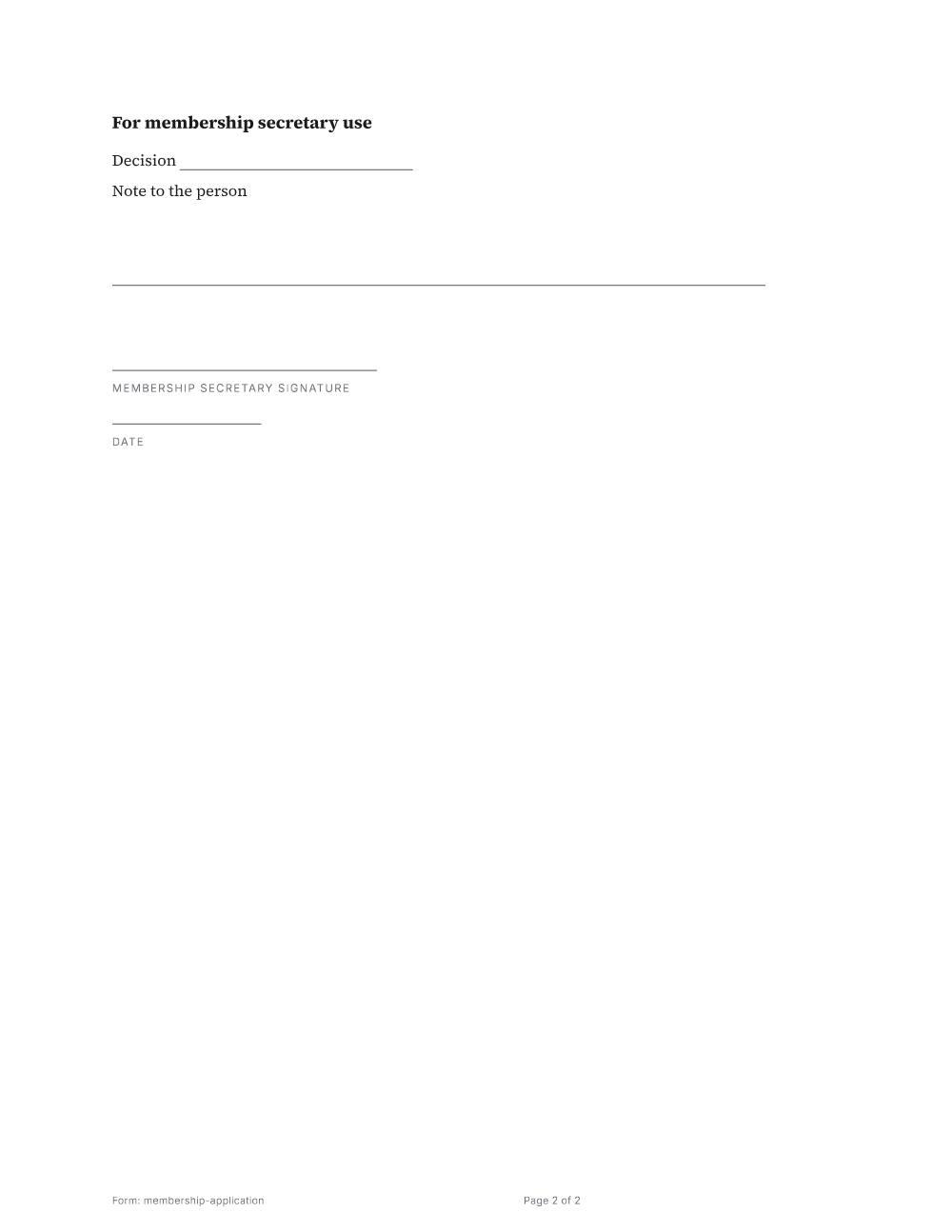 Page 2 of 2 of the Membership application template