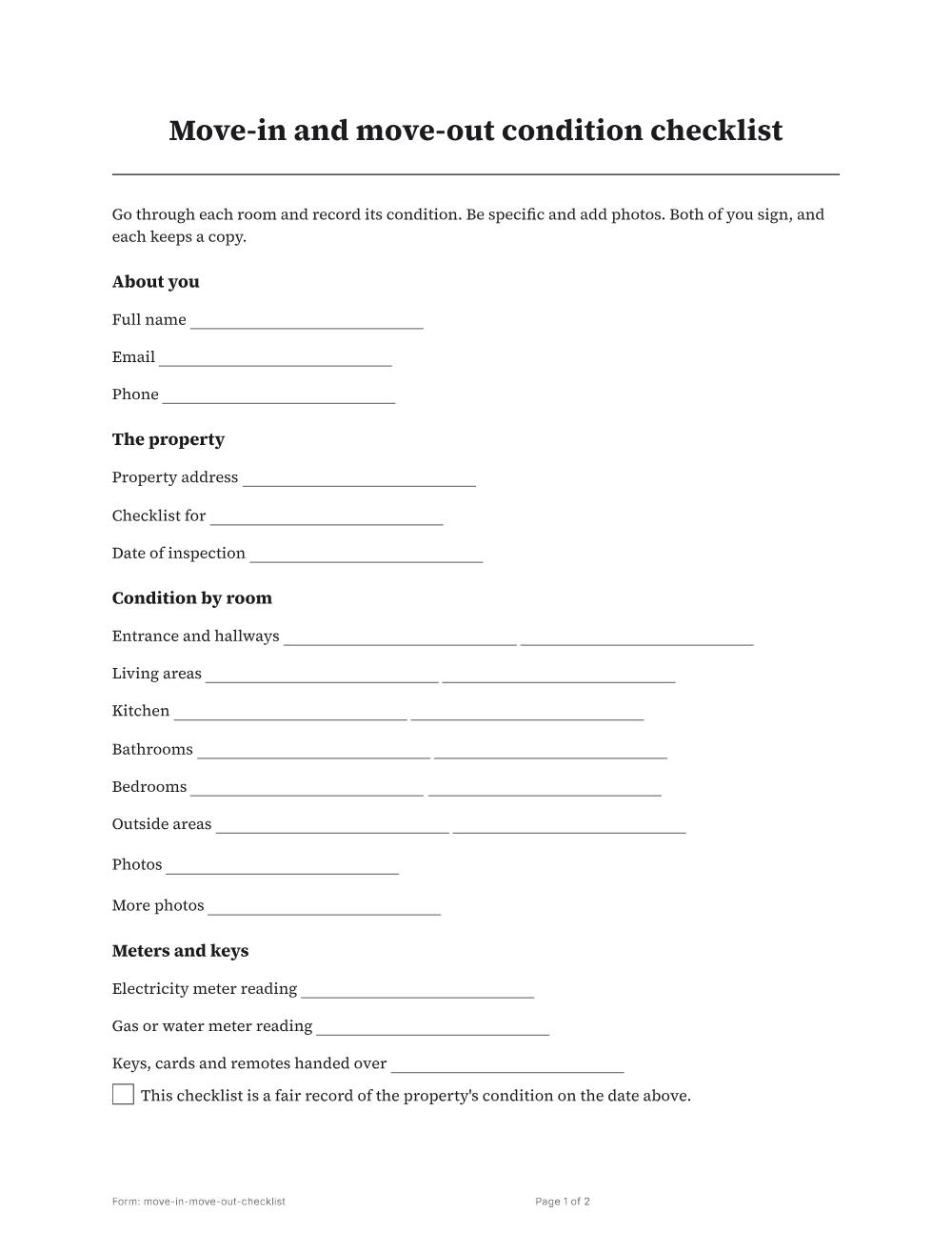 Page 1 of 2 of the Move-in and move-out condition checklist template