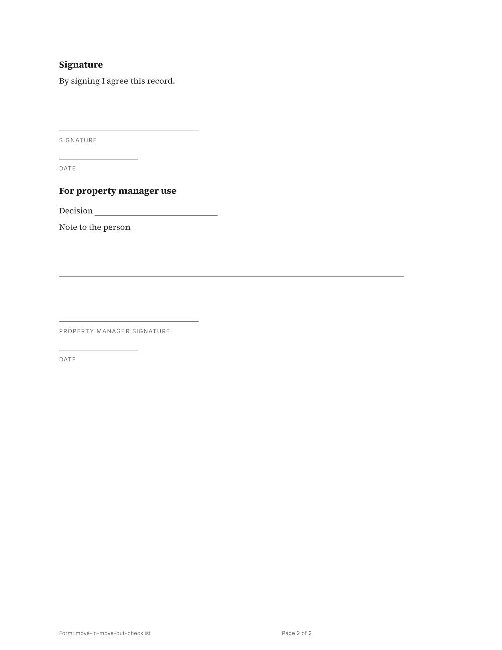 Page 2 of 2 of the Move-in and move-out condition checklist template