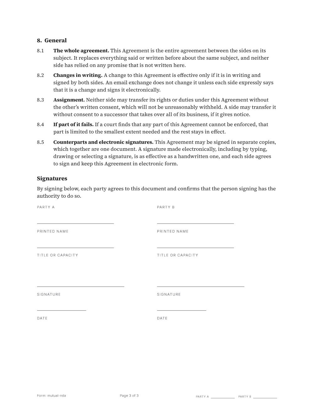 Page 3 of 3 of the Mutual non-disclosure agreement template