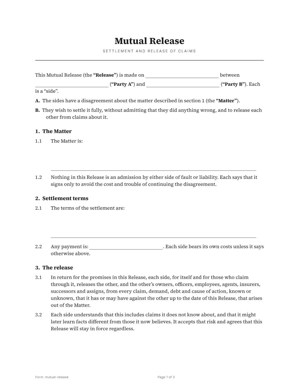 Page 1 of 3 of the Mutual release template