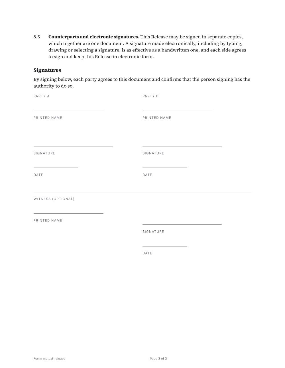 Page 3 of 3 of the Mutual release template