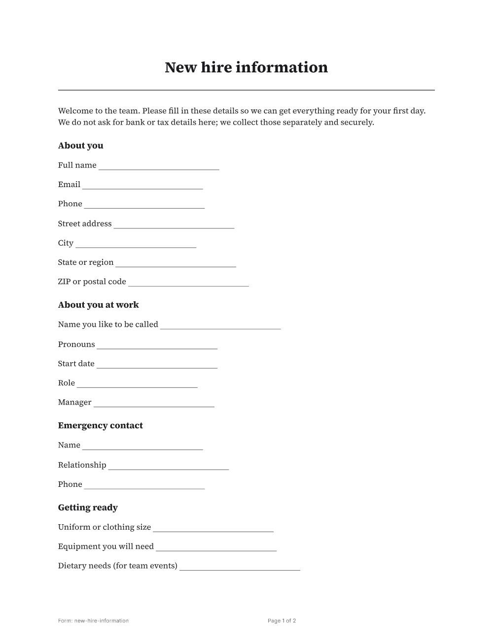 Page 1 of 2 of the New hire information template