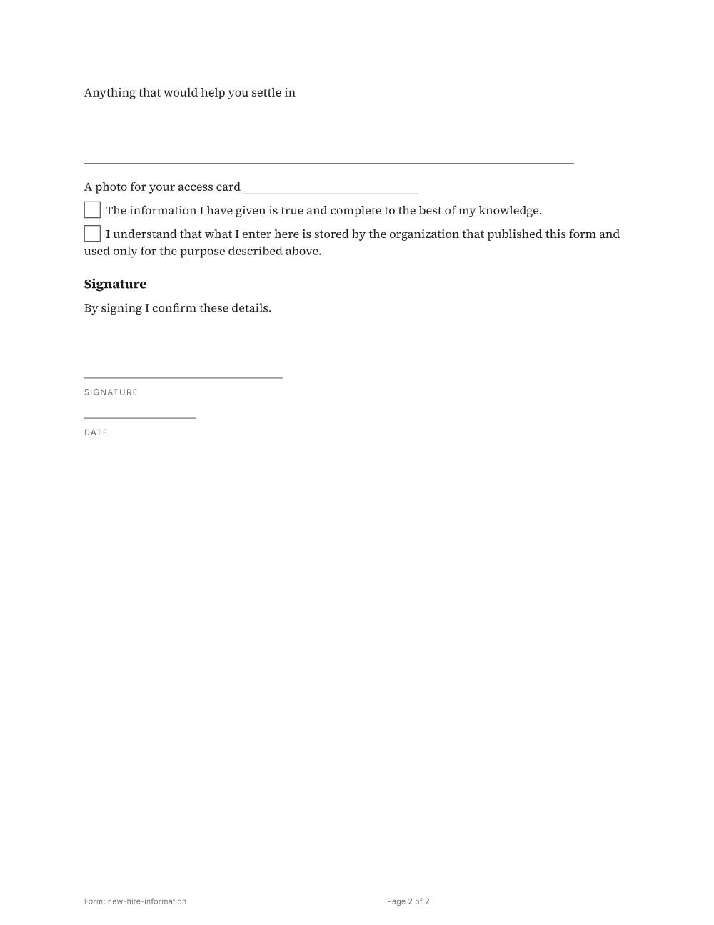 Page 2 of 2 of the New hire information template