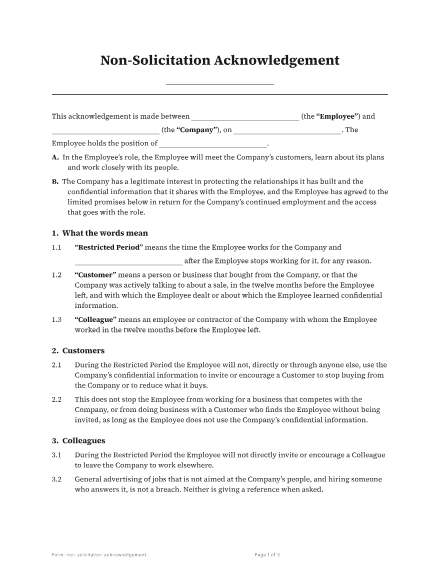 First page of the Non-solicitation acknowledgement template