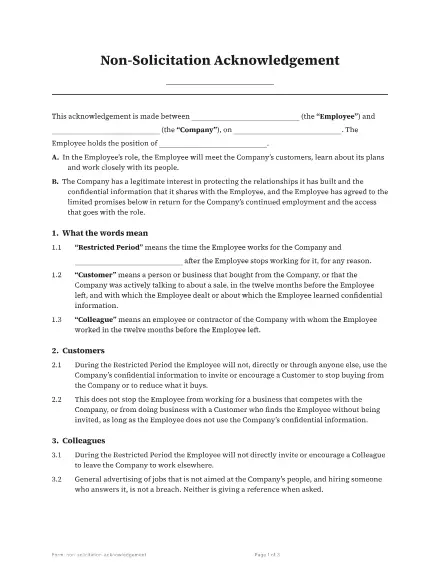 First page of the Non-solicitation acknowledgement template