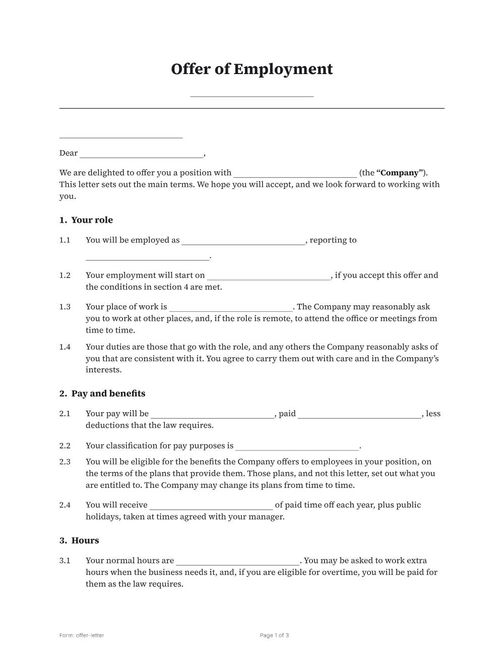 Page 1 of 3 of the Offer letter template