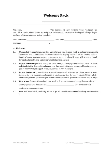 First page of the Employee onboarding pack template