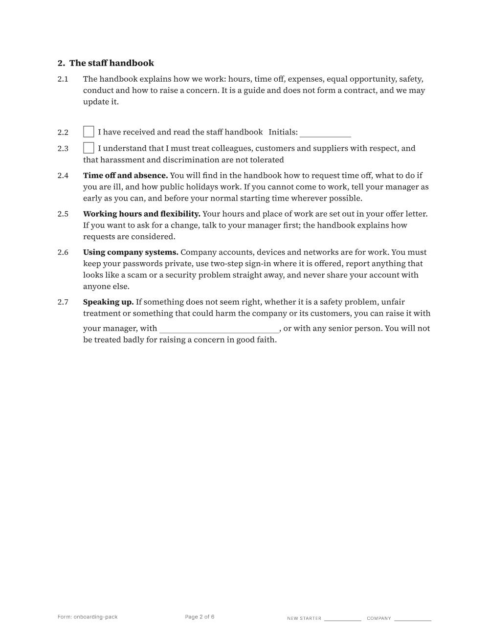 Page 2 of 6 of the Employee onboarding pack template