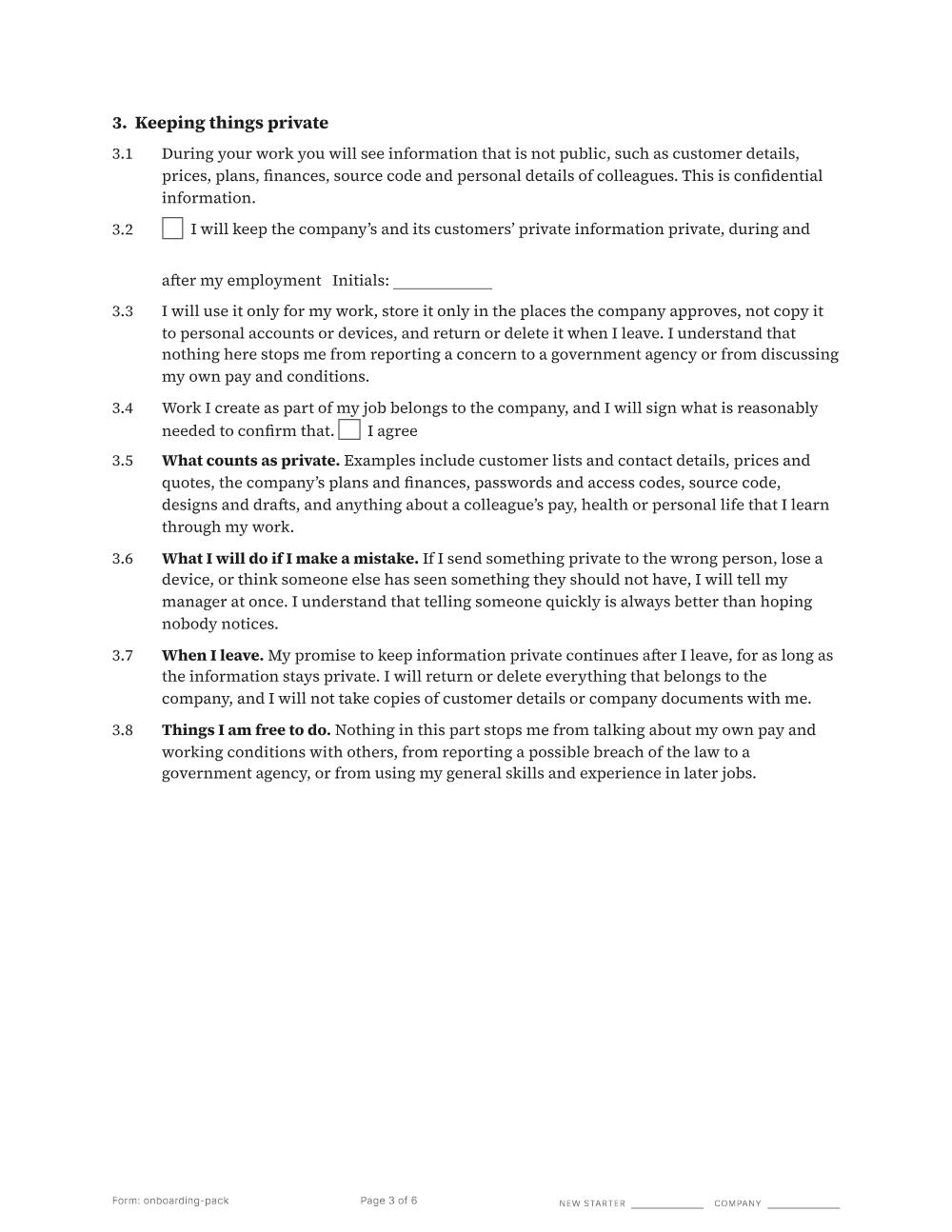 Page 3 of 6 of the Employee onboarding pack template