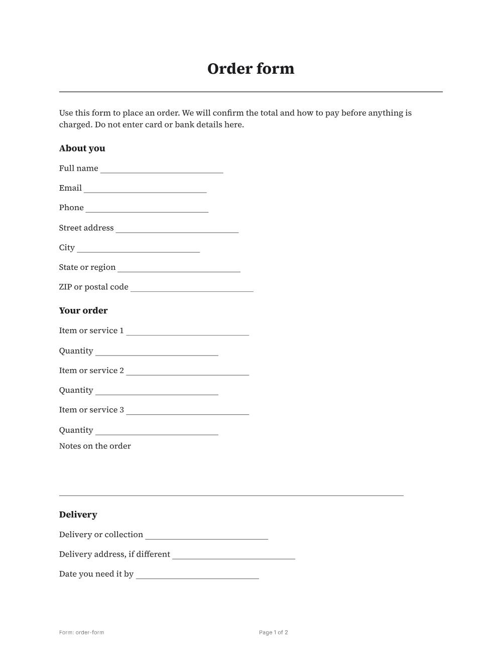 Page 1 of 2 of the Order form template