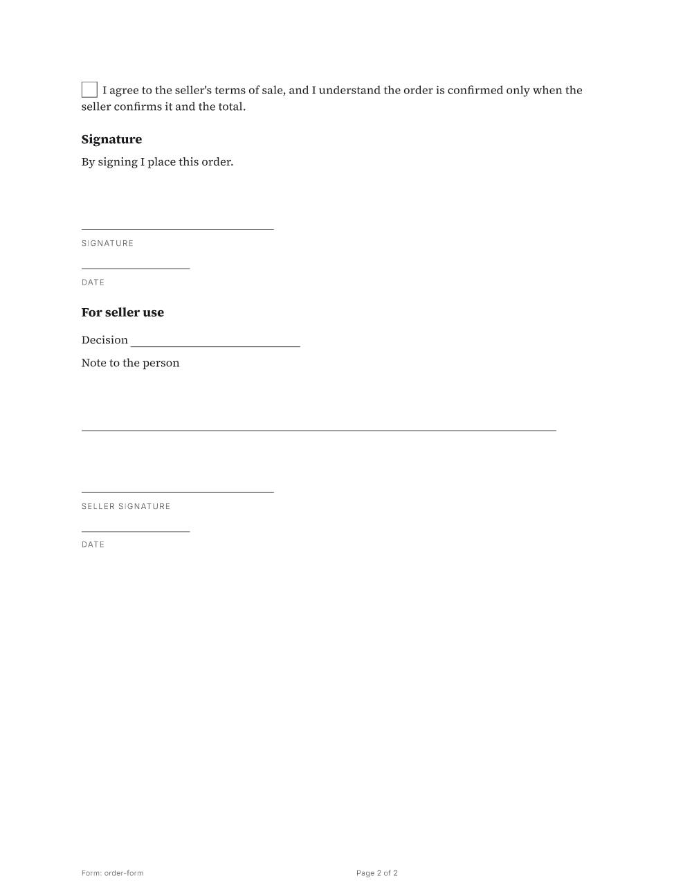 Page 2 of 2 of the Order form template