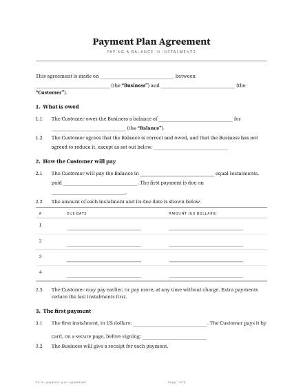 First page of the Payment plan agreement template