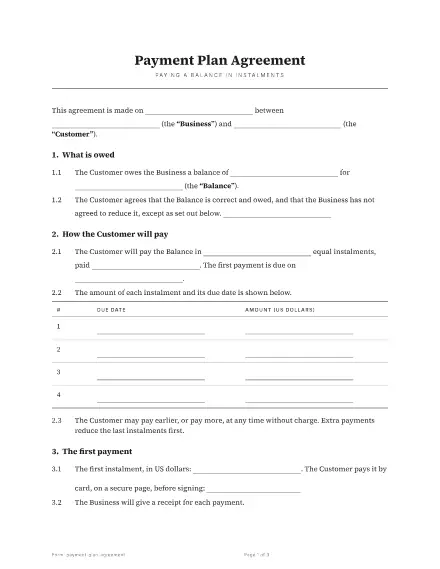 First page of the Payment plan agreement template