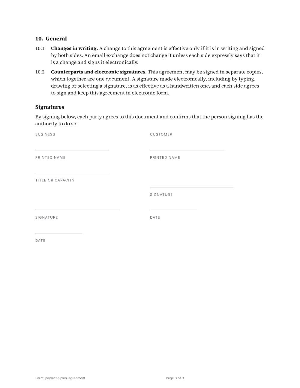 Page 3 of 3 of the Payment plan agreement template
