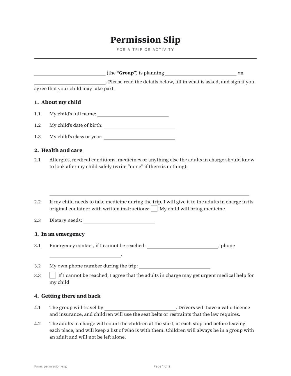 Page 1 of 2 of the Permission slip template
