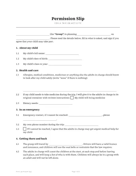 First page of the Permission slip template
