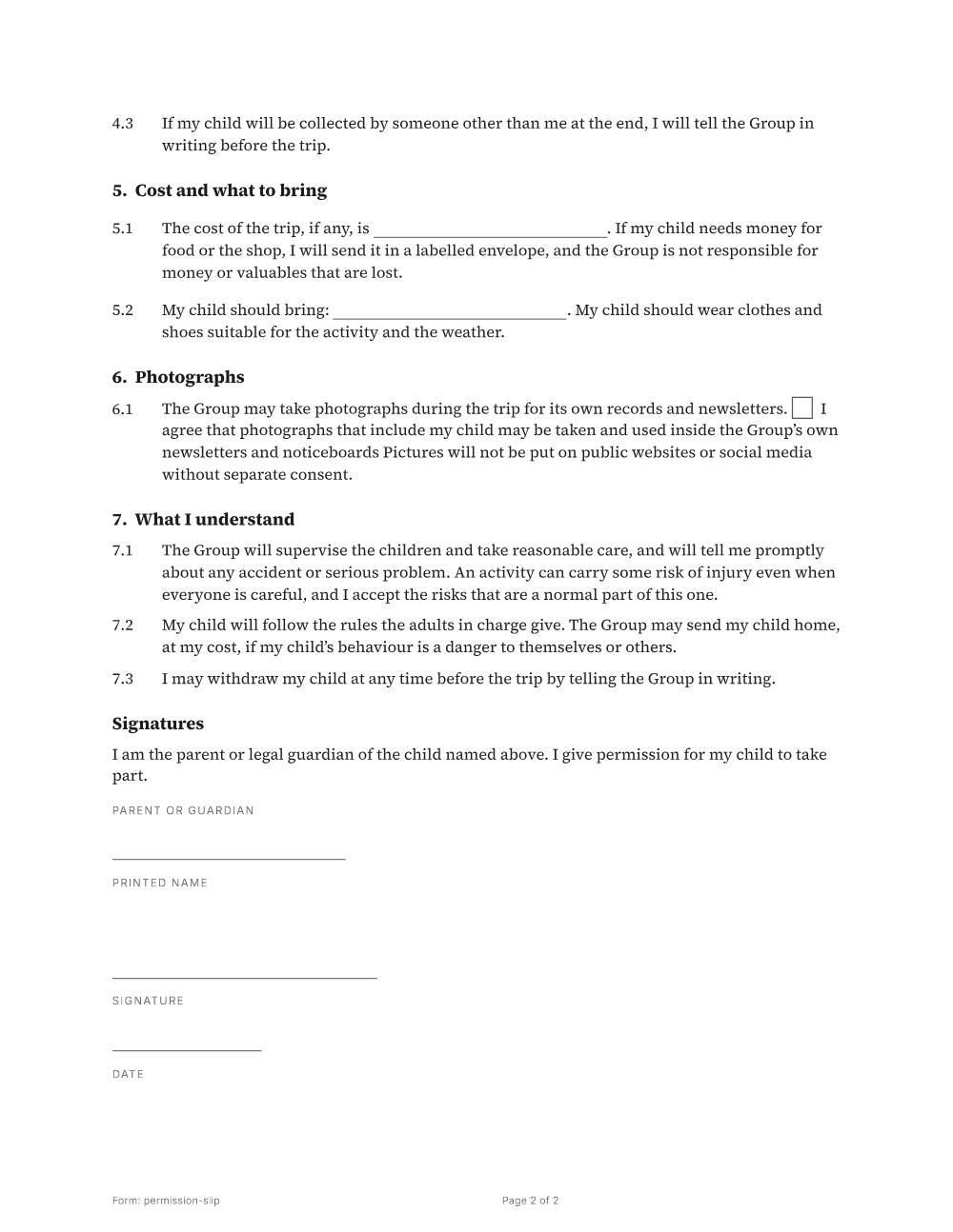 Page 2 of 2 of the Permission slip template