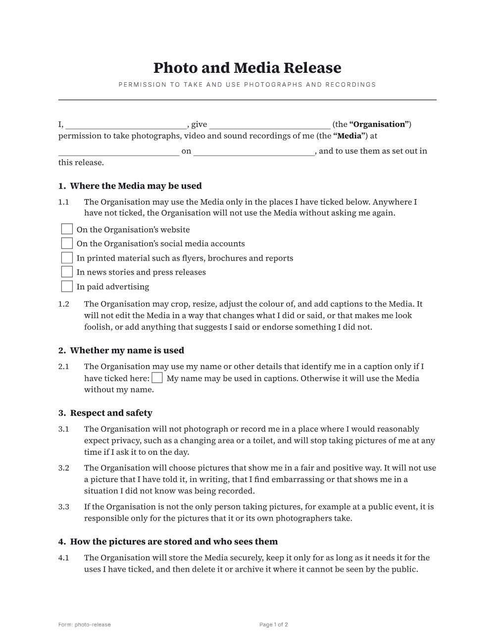 Page 1 of 2 of the Photo and media release template