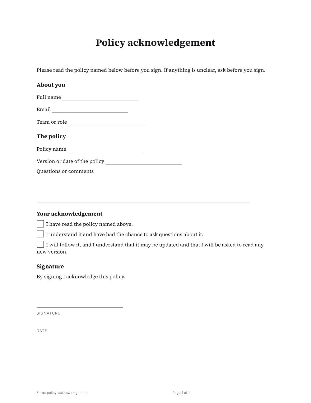 Page 1 of 1 of the Policy acknowledgement template