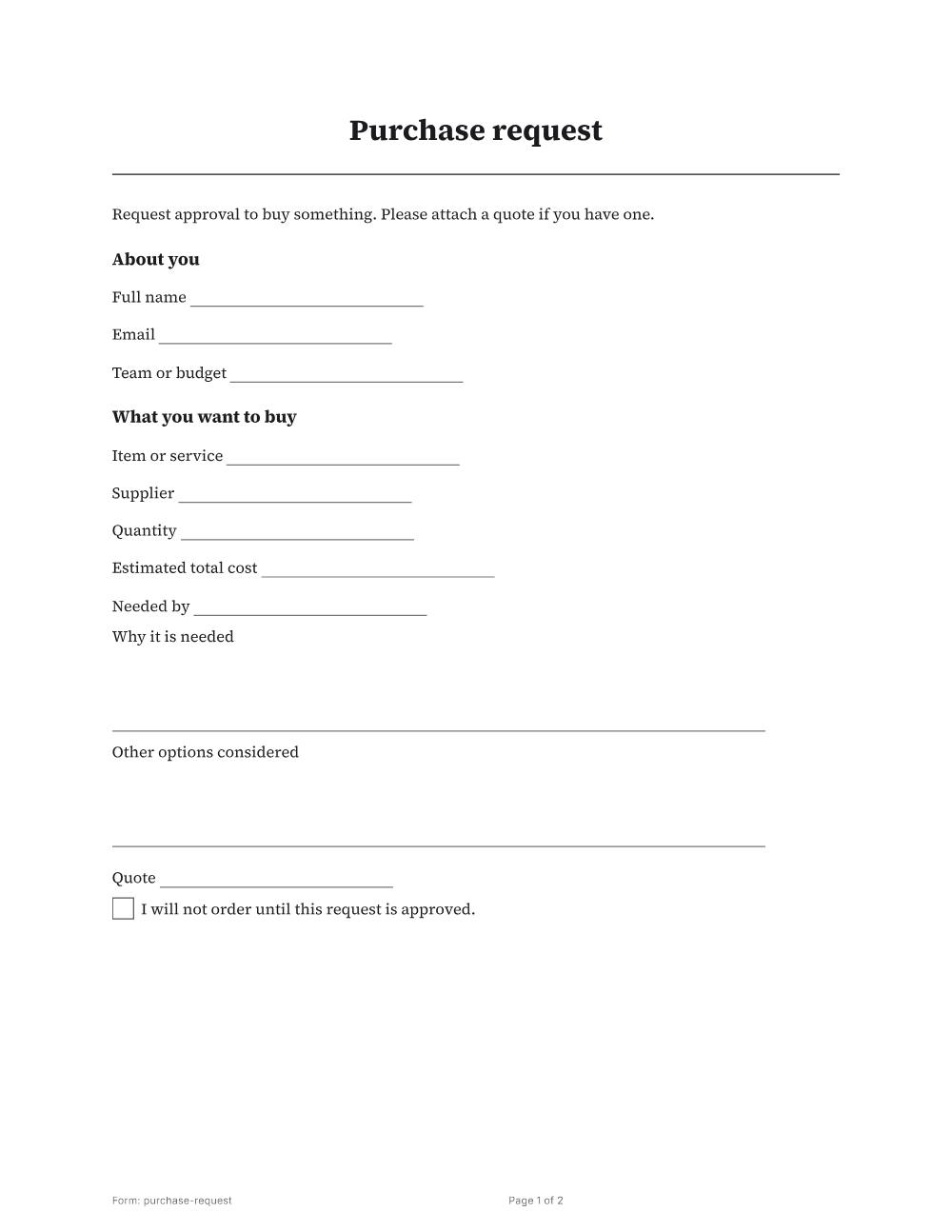 Page 1 of 2 of the Purchase request template