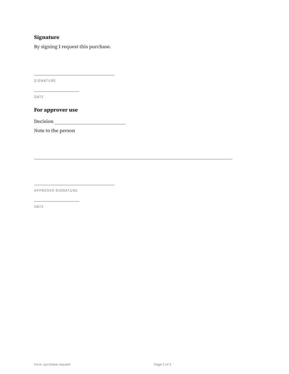 Page 2 of 2 of the Purchase request template