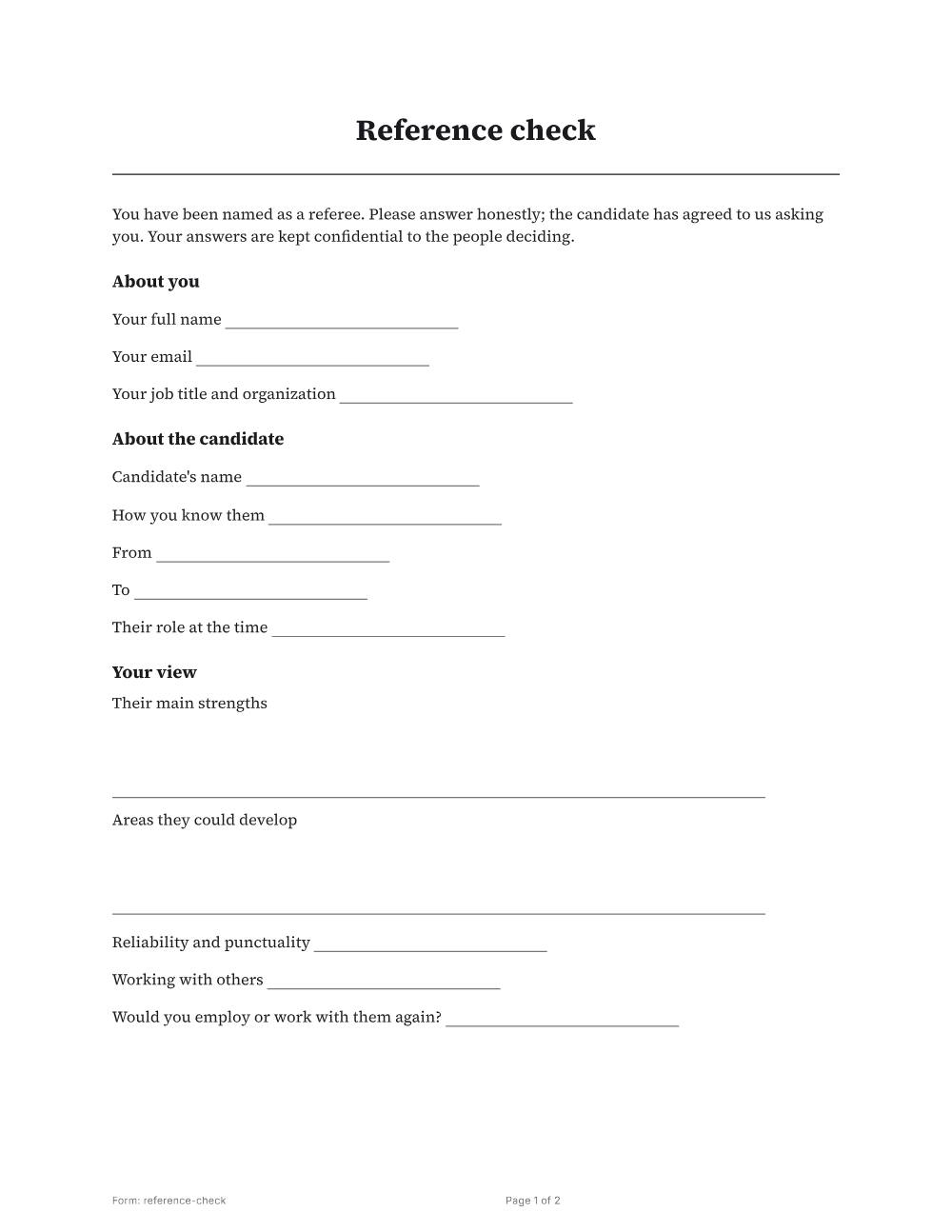 Page 1 of 2 of the Reference check template