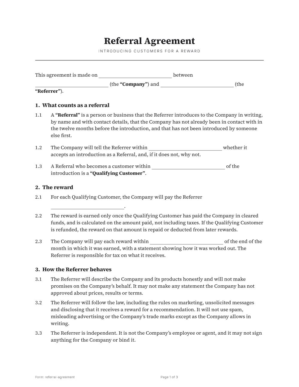 Page 1 of 3 of the Referral agreement template