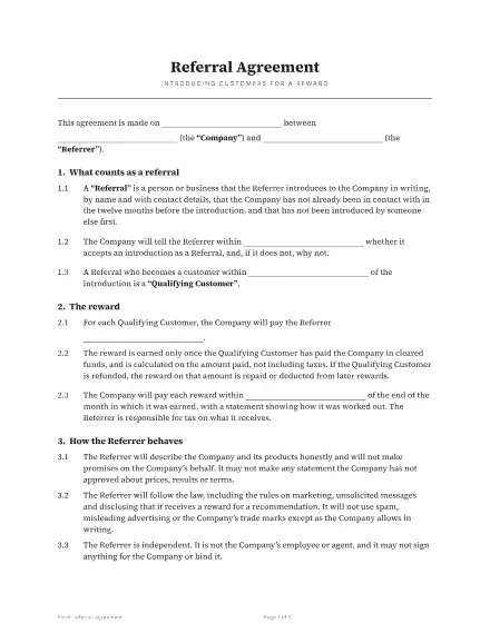 First page of the Referral agreement template