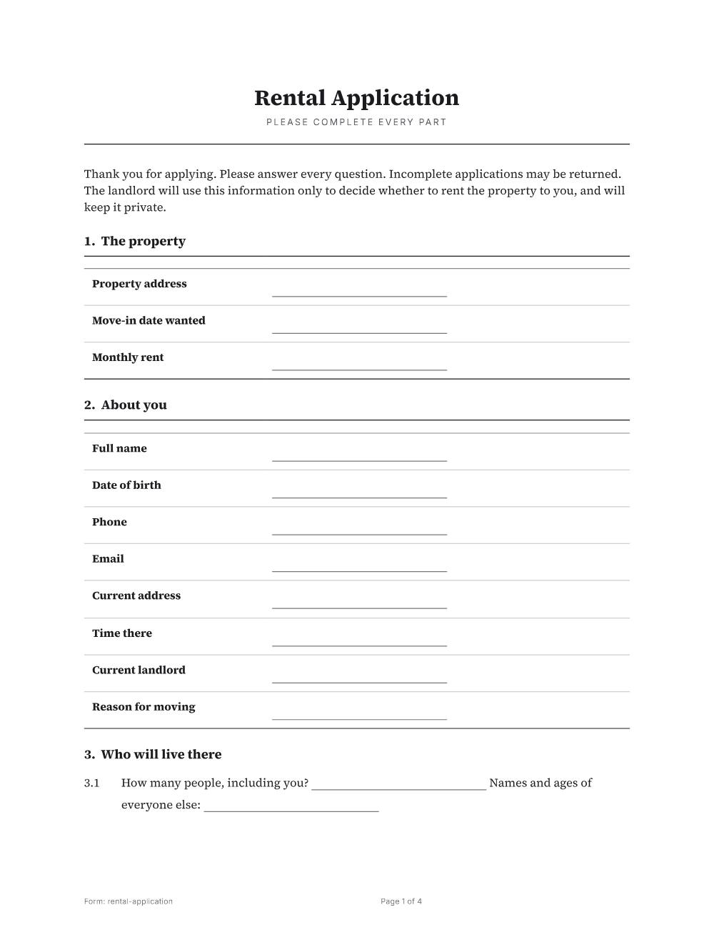Page 1 of 4 of the Rental application template