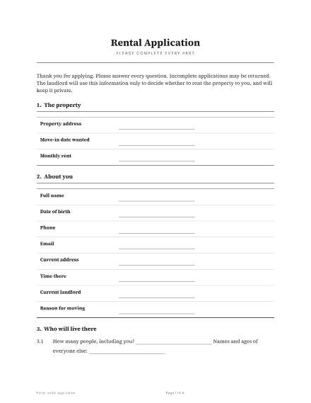 First page of the Rental application template