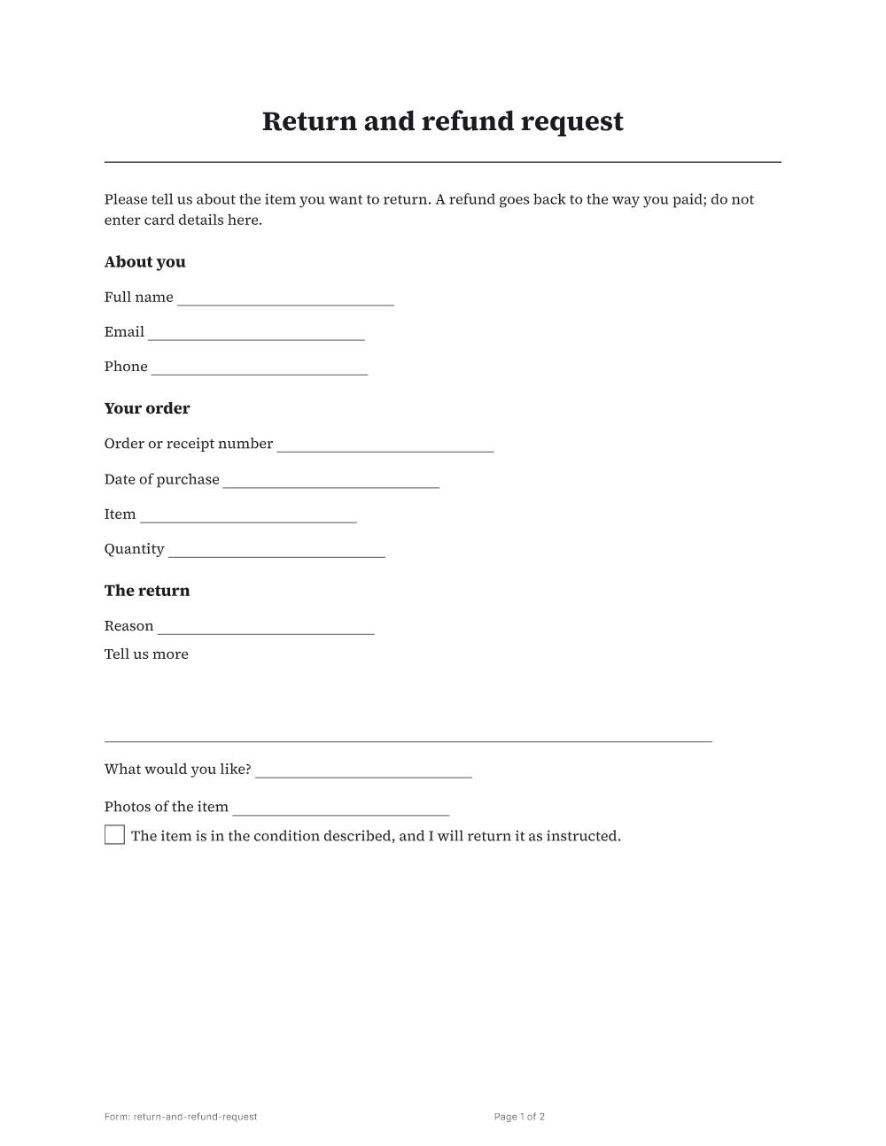 Page 1 of 2 of the Return and refund request template