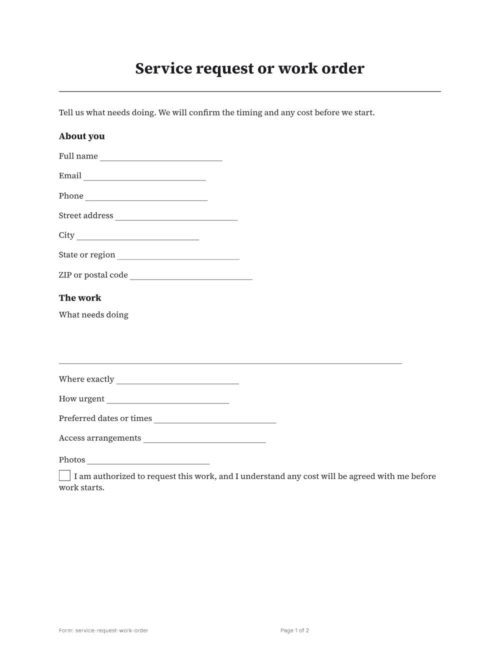 Page 1 of 2 of the Service request or work order template