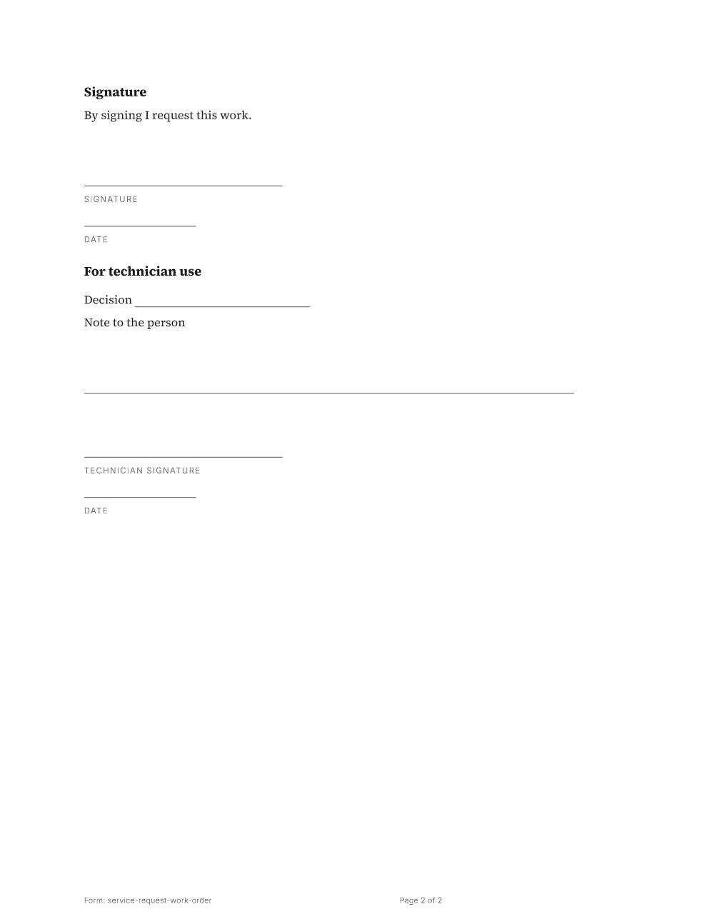 Page 2 of 2 of the Service request or work order template