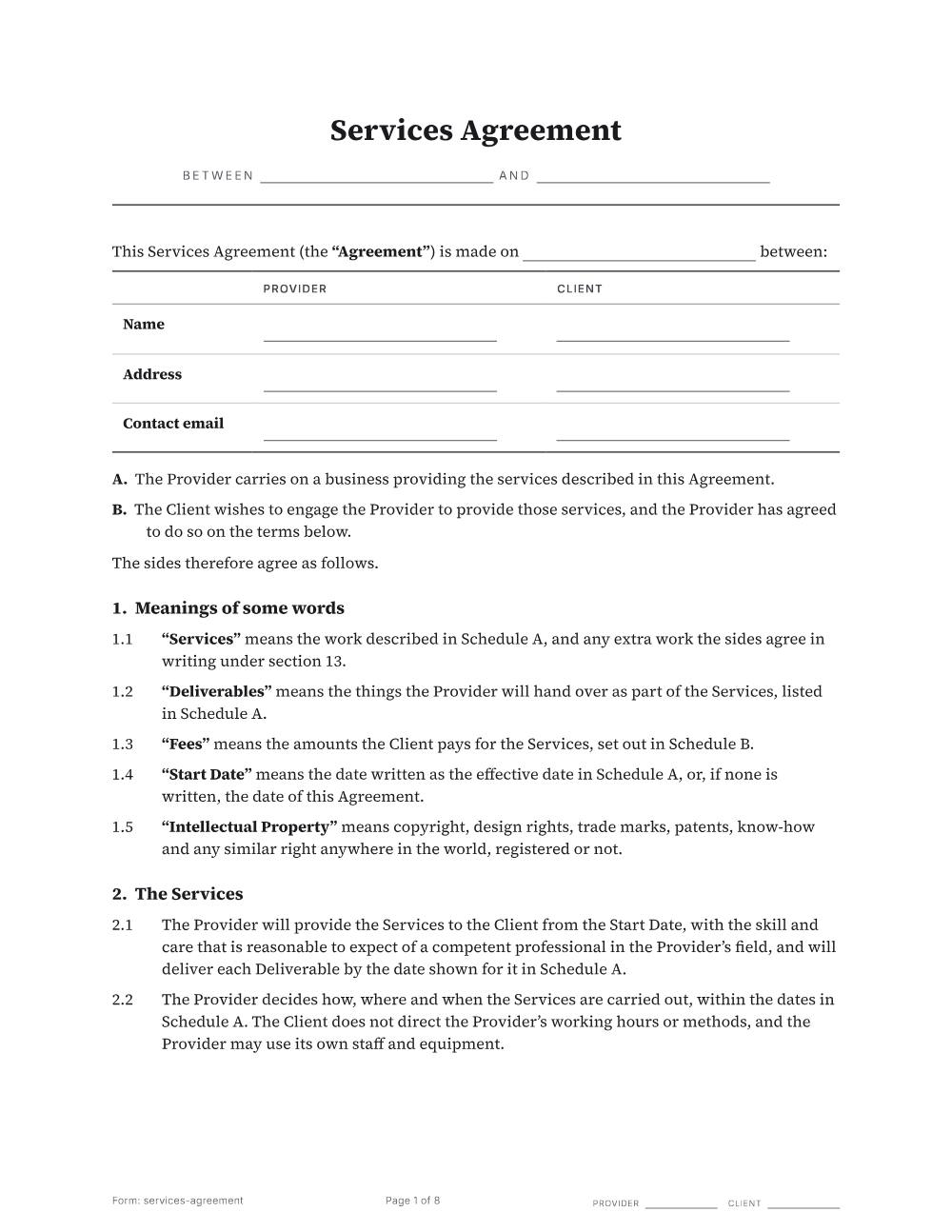 Page 1 of 8 of the Services agreement template