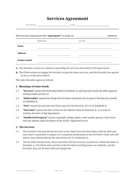 First page of the Services agreement template