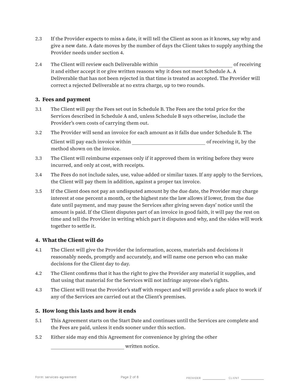 Page 2 of 8 of the Services agreement template