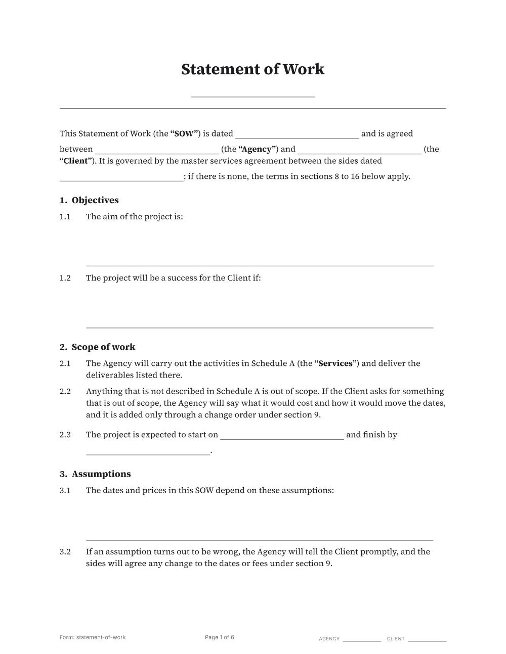 Page 1 of 6 of the Statement of work template