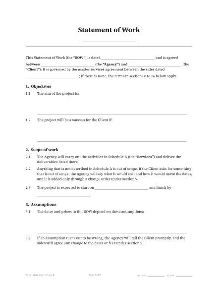 First page of the Statement of work template