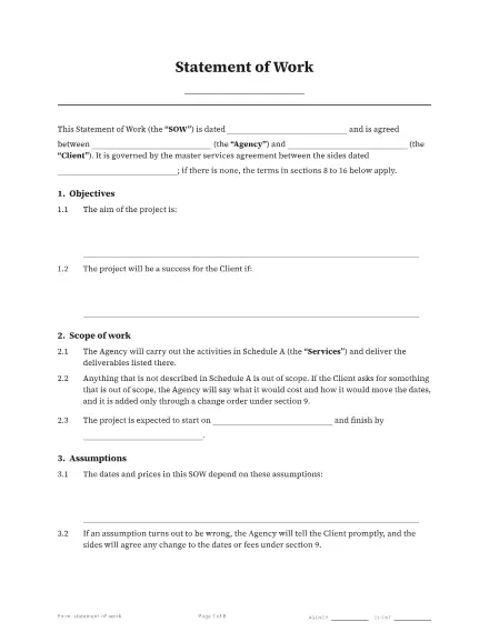 First page of the Statement of work template