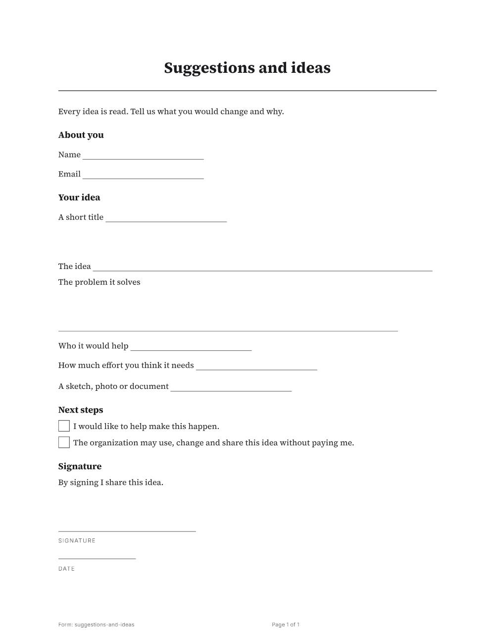 Page 1 of 1 of the Suggestions and ideas template