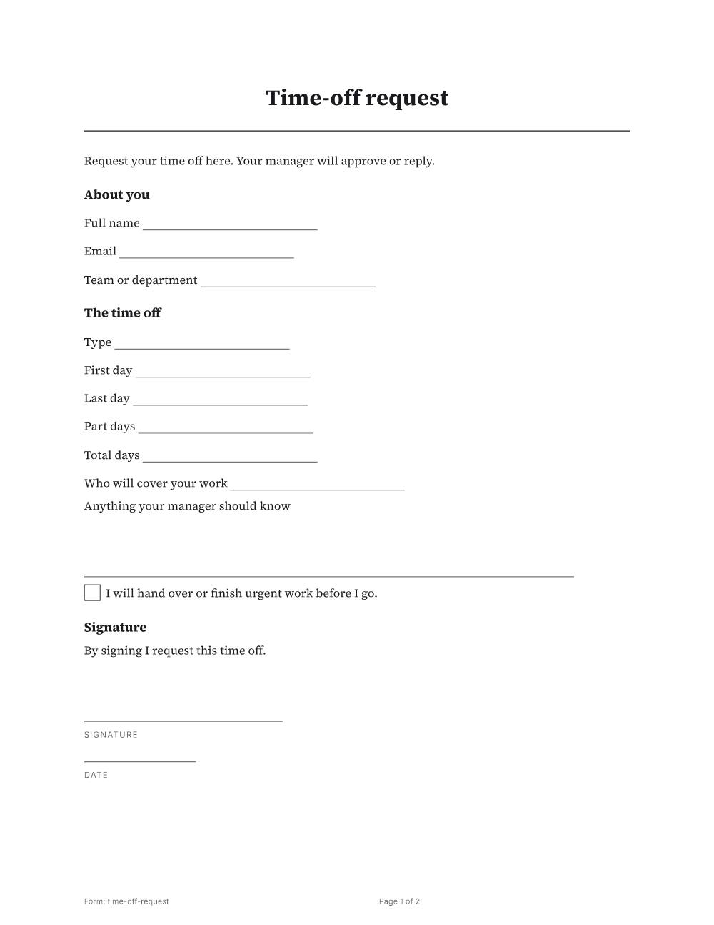 Page 1 of 2 of the Time-off request template