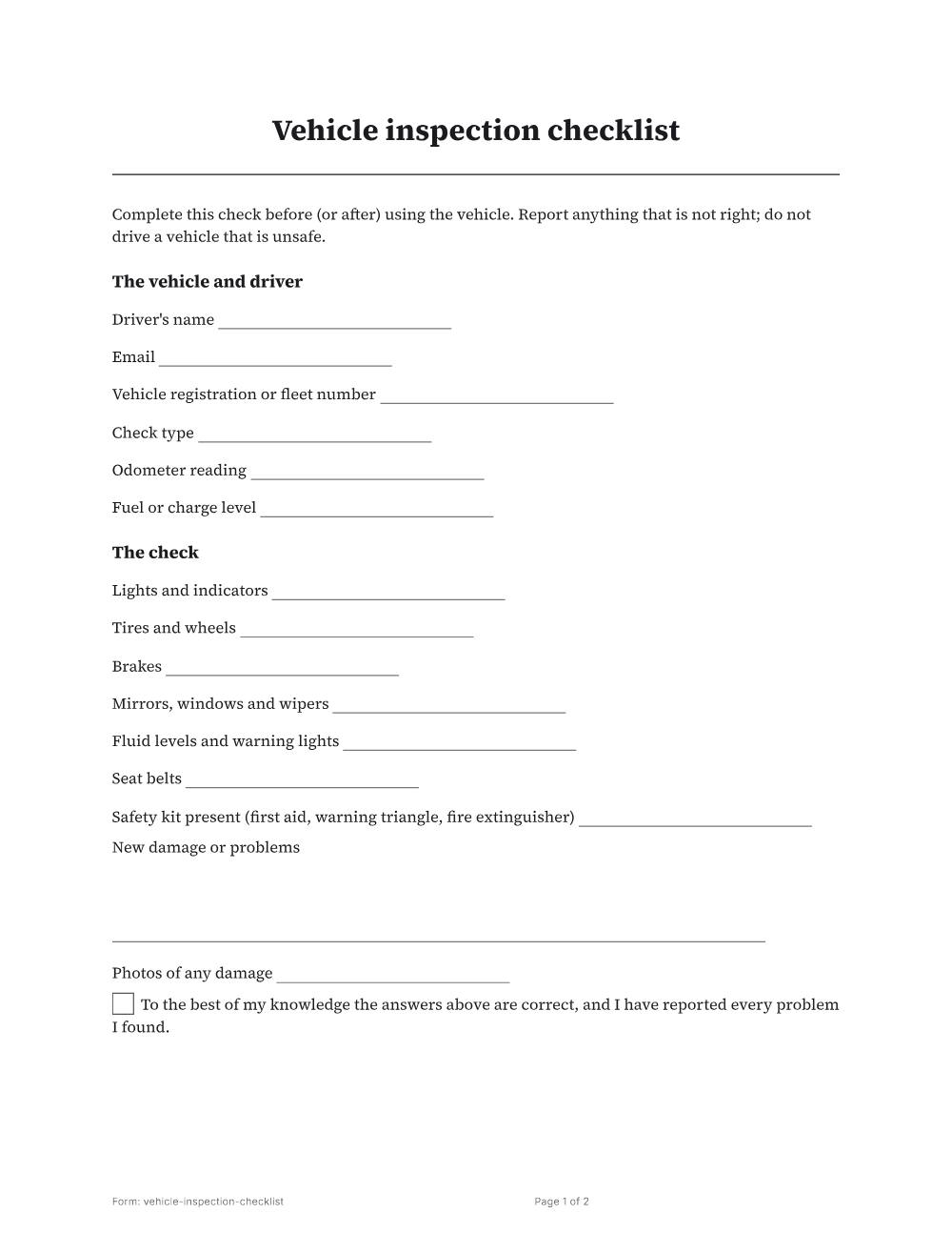 Page 1 of 2 of the Vehicle inspection checklist template