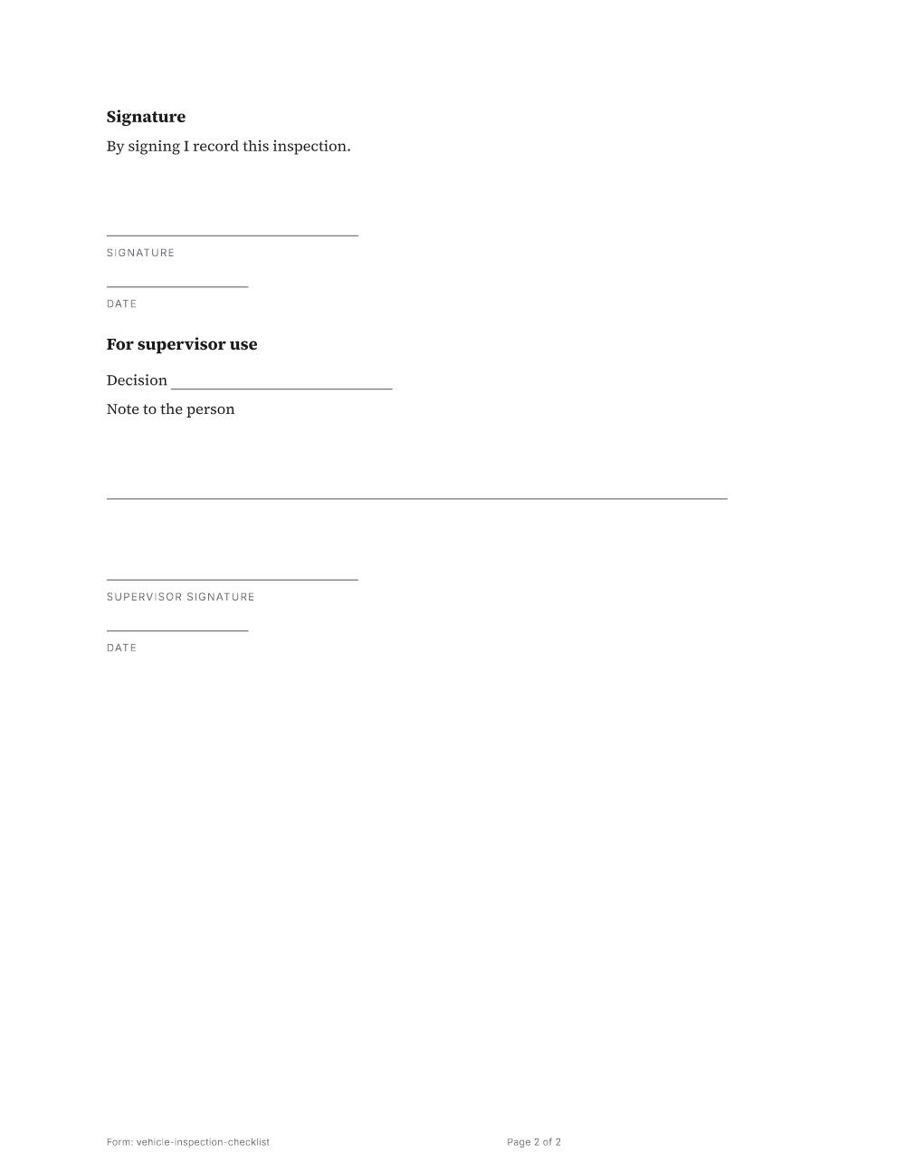 Page 2 of 2 of the Vehicle inspection checklist template
