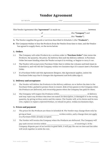 First page of the Vendor agreement template