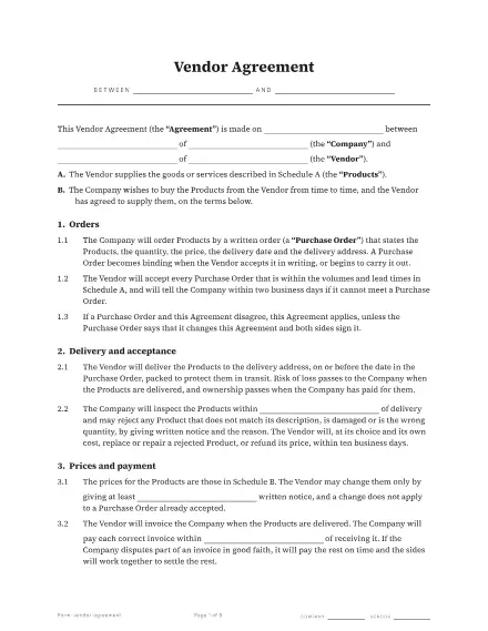 First page of the Vendor agreement template
