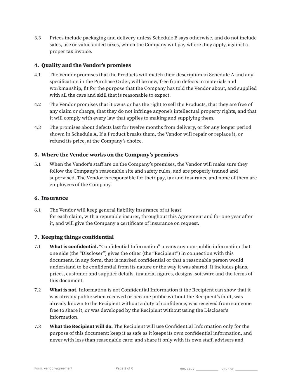 Page 2 of 6 of the Vendor agreement template
