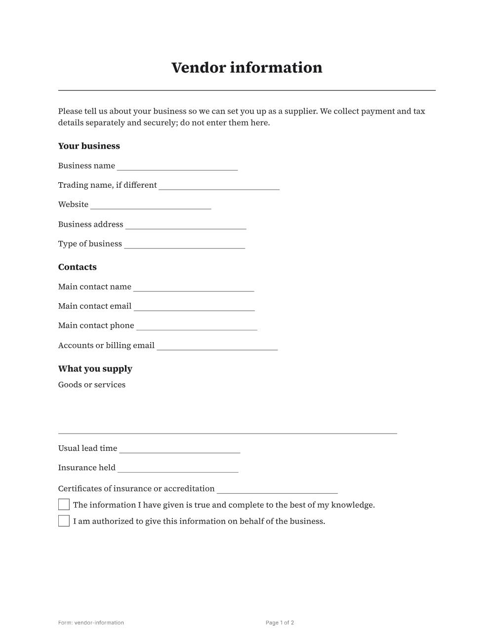 Page 1 of 2 of the Vendor information template
