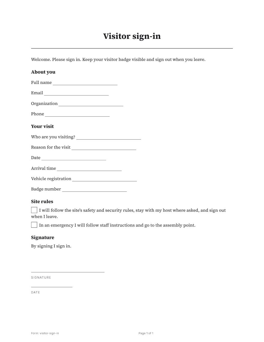 Page 1 of 1 of the Visitor sign-in template