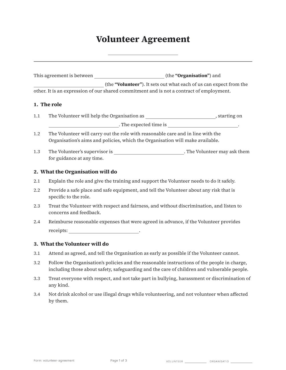 Page 1 of 3 of the Volunteer agreement template